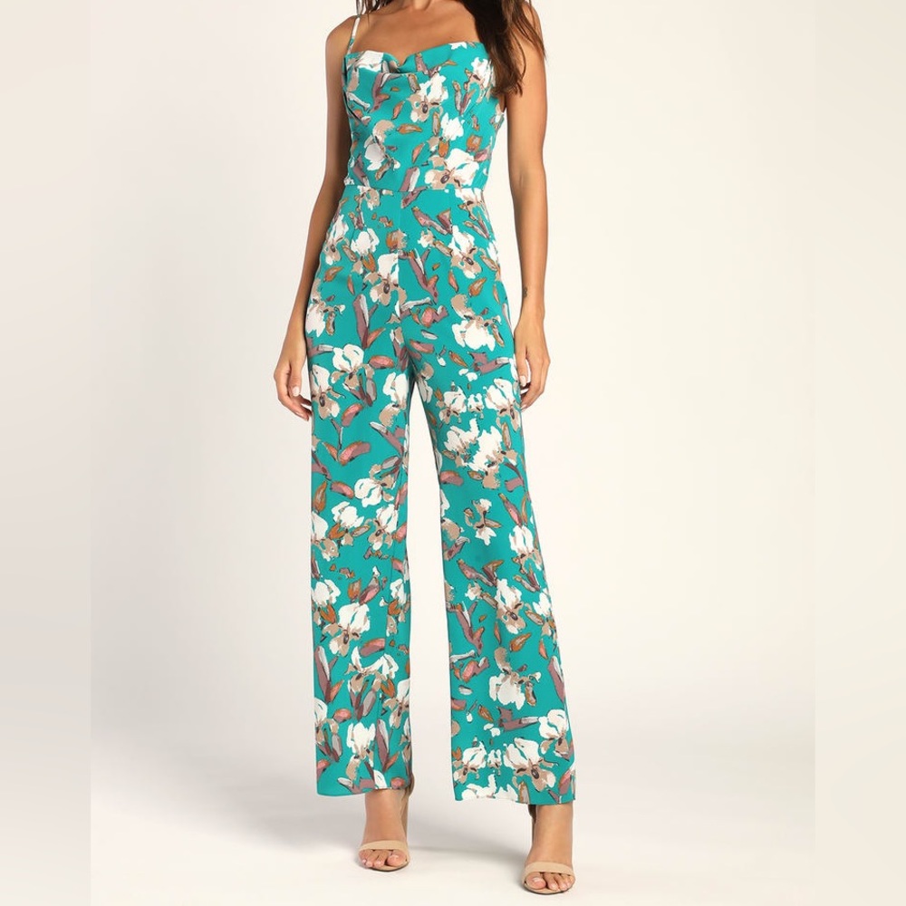 Lulu’s Teal Floral Satin Cowl Neck Wide-Leg Jumpsuit